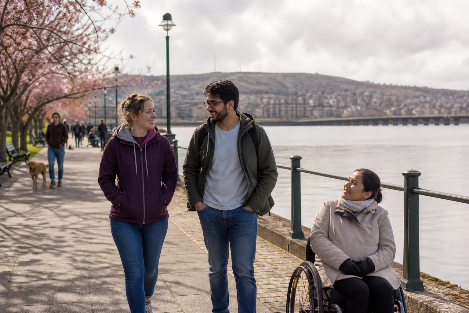 Two people talking beside the waterfront in Dundee