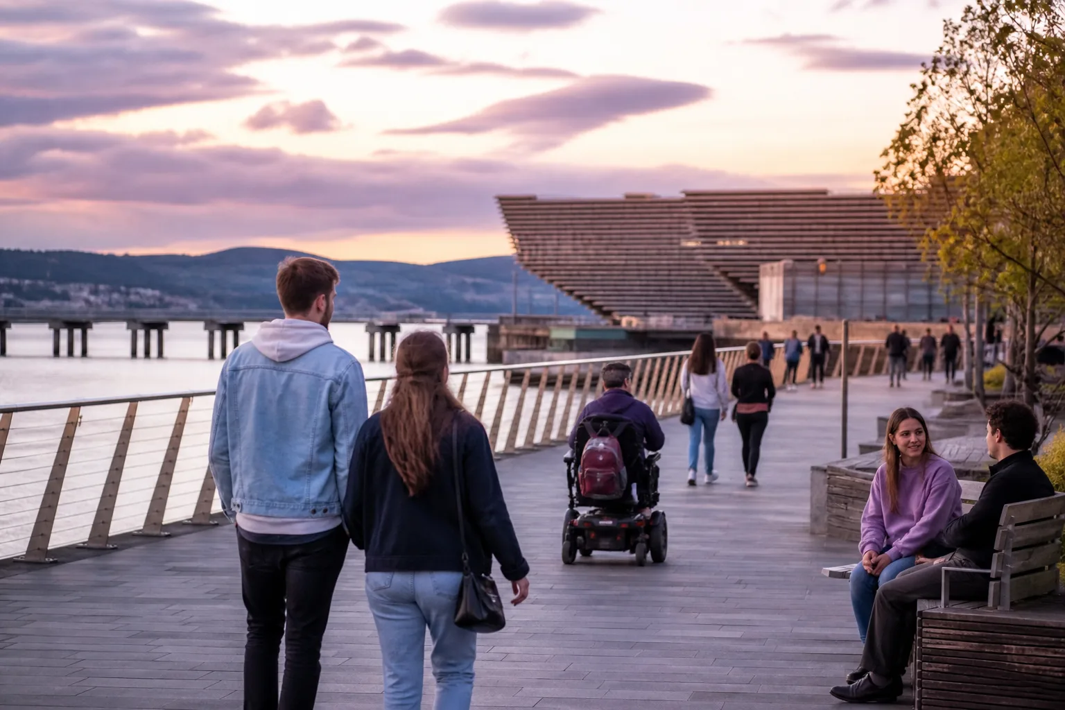 Two people talking beside the waterfront in Dundee