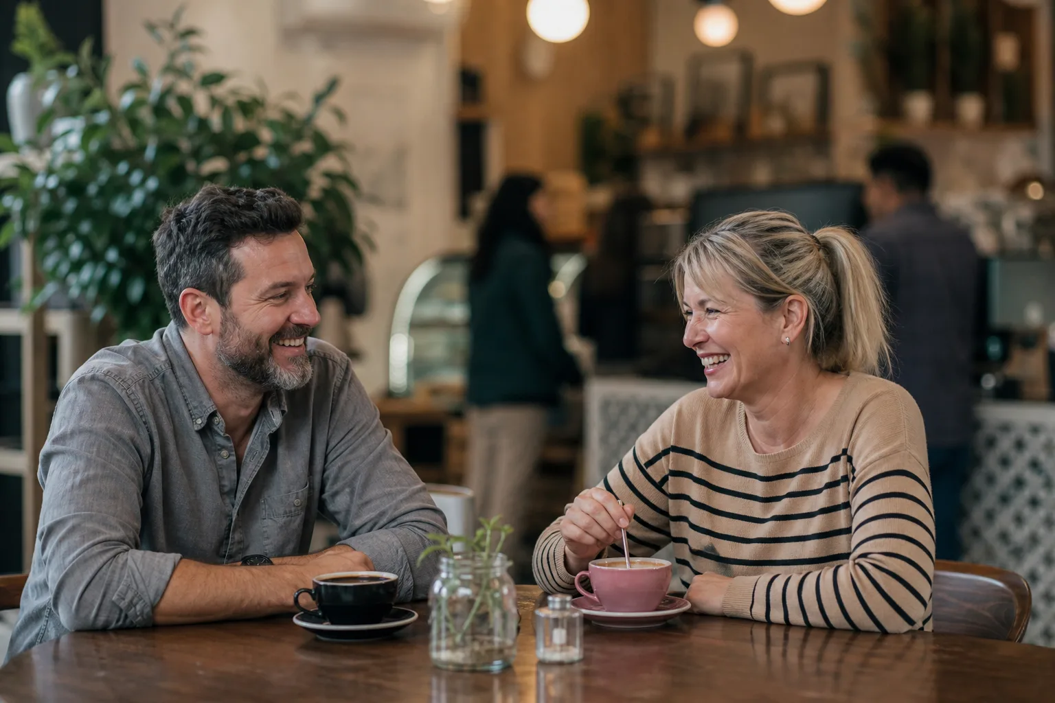 Two people talking over coffee beside the River Tay in Dundee
