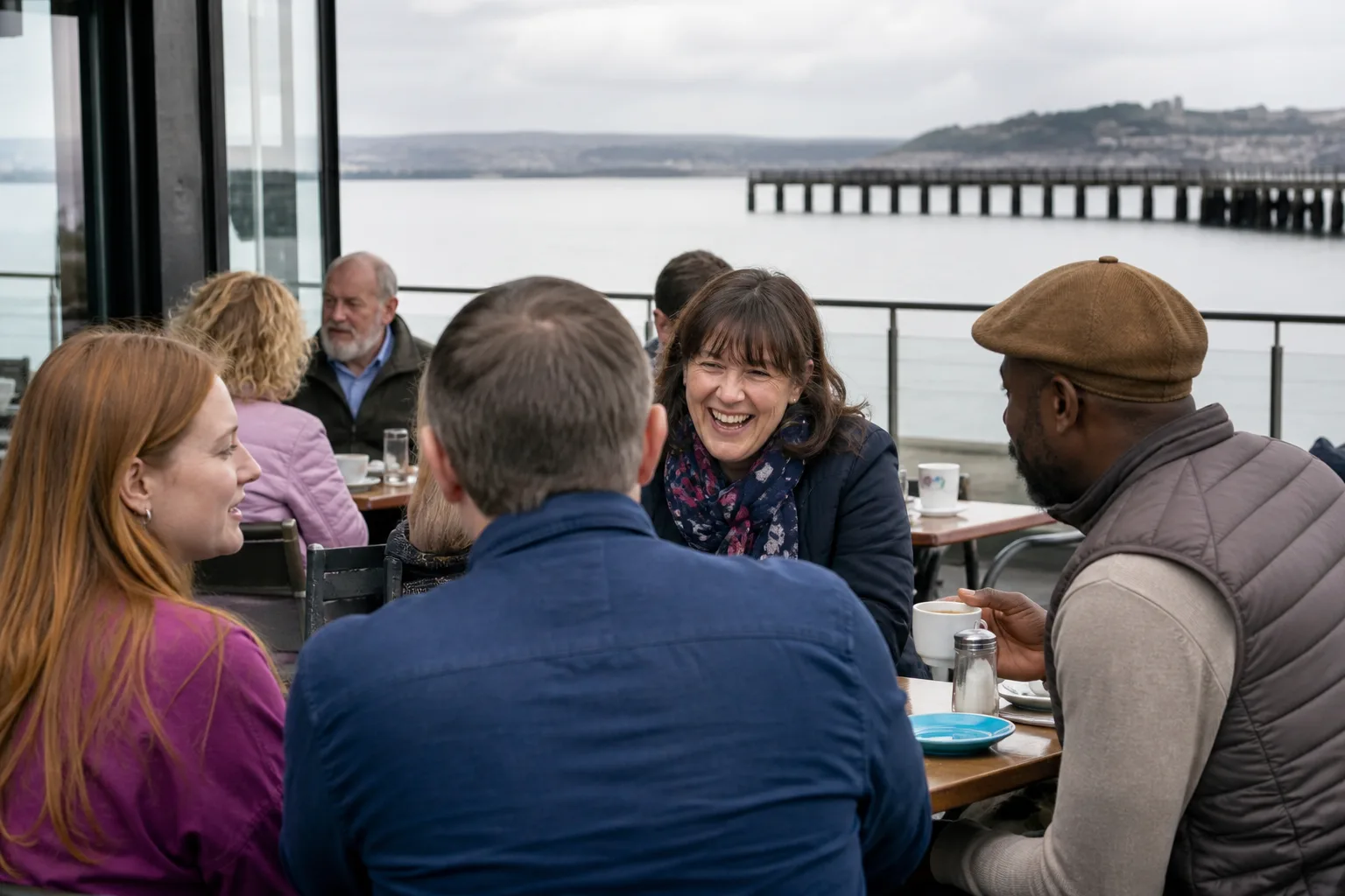 Two people talking over coffee in Dundee city centre
