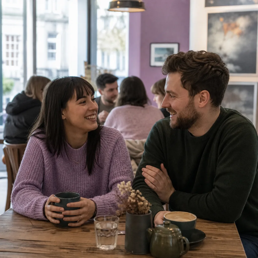 Two adults having coffee at a relaxed café in Dundee