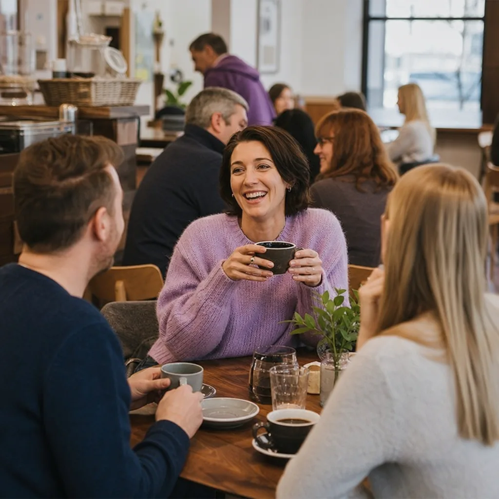 A couple chatting at a relaxed café table in Perth, Scotland