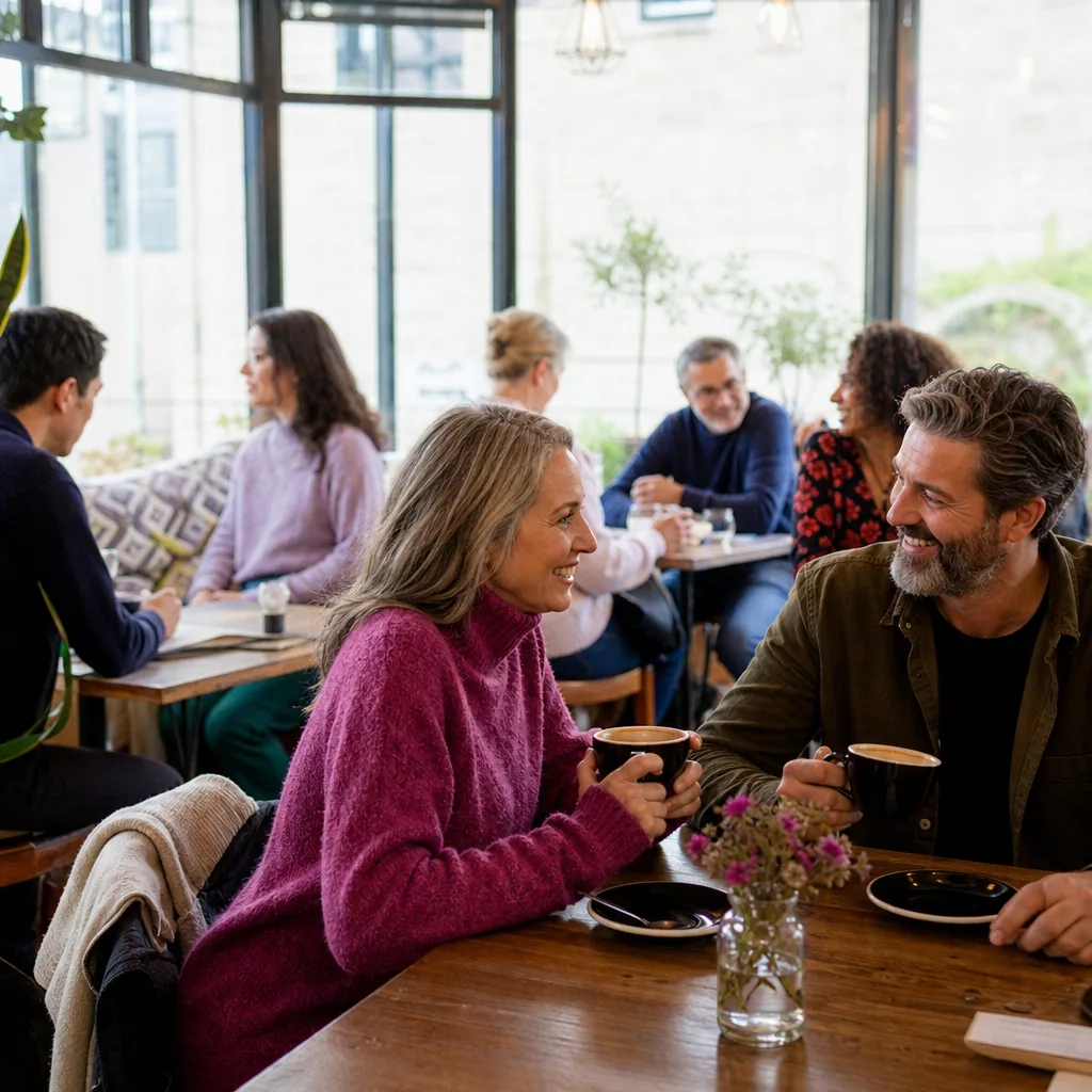 Two adults meeting in a busy public place in Arbroath