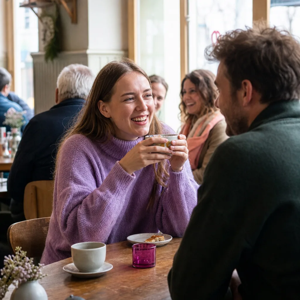 Two people meeting for coffee at a table in central Perth
